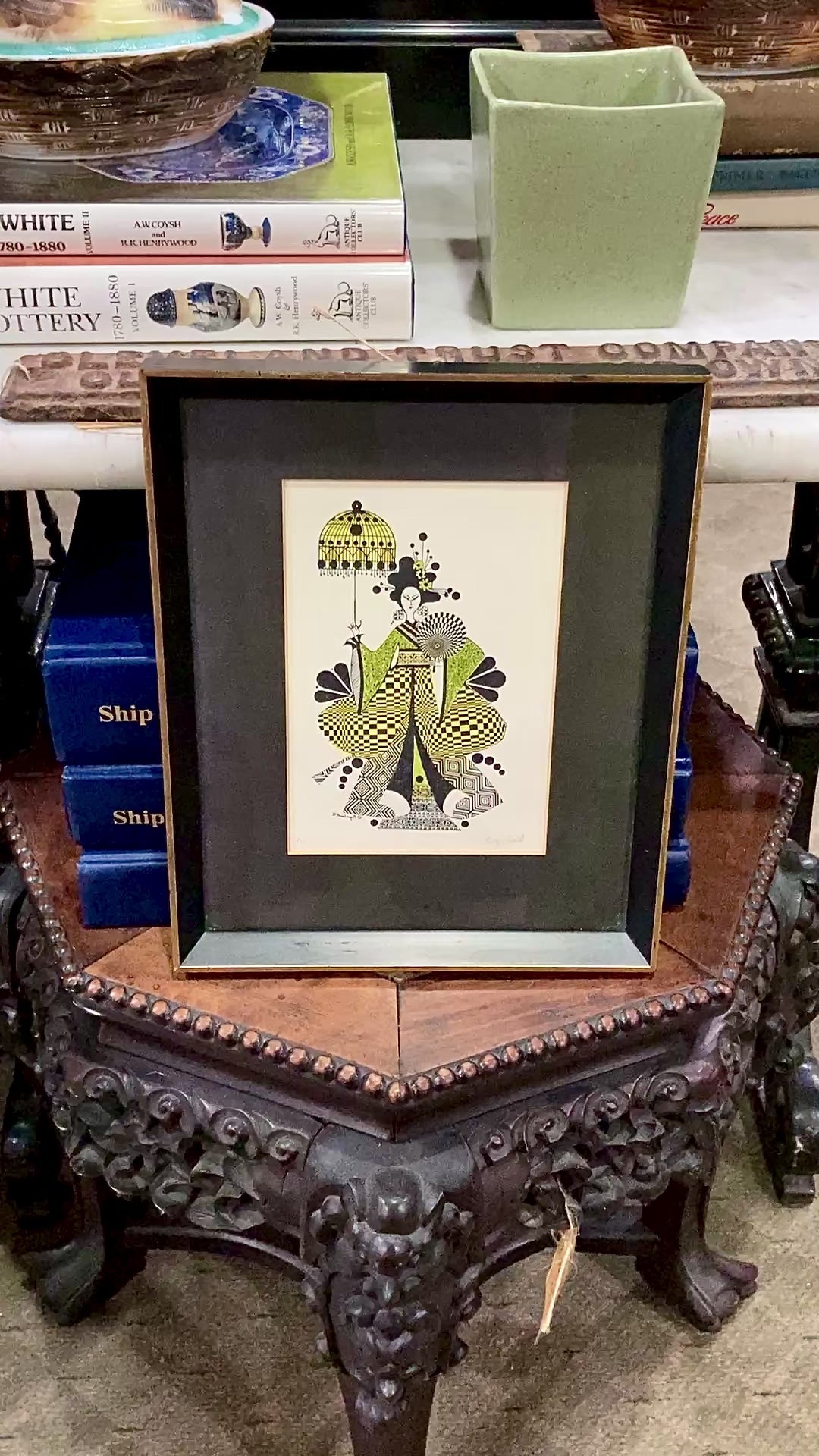Vintage 1975 Psychedelic Roger Coast Yellow Black Graphic Geisha Framed Print
