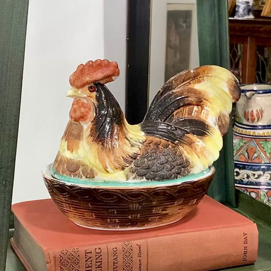 Antique Challinor Taylor Late 19th Century Milk Glass Rooster Nesting Lidded Jar