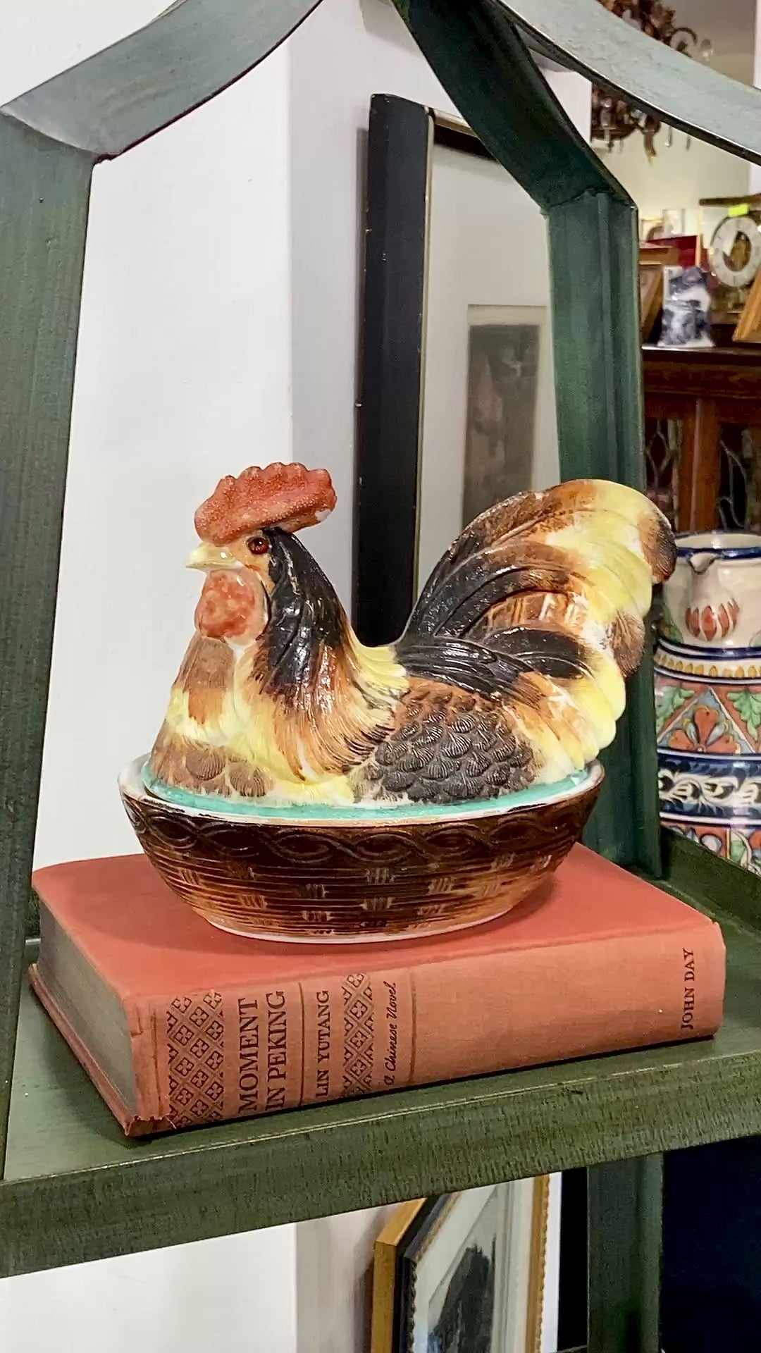 Antique Challinor Taylor Late 19th Century Milk Glass Rooster Nesting Lidded Jar