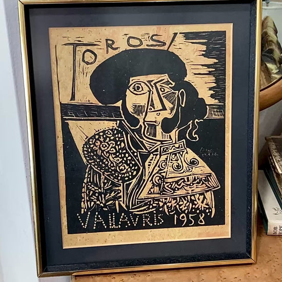 Vintage Pablo Picasso 1958 Toros Vallauris Framed Linocut Paper Print