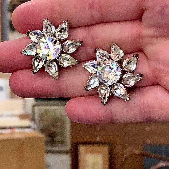 Vintage Austria Clear Rhinestone Starburst Sun Pinwheel Clip Earrings