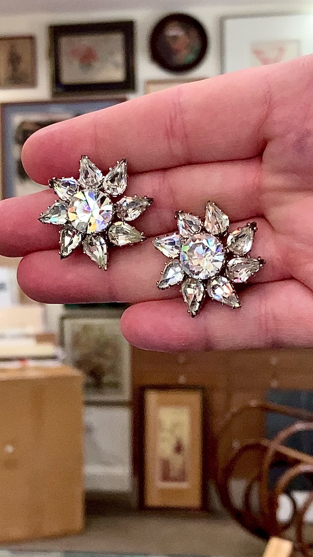 Vintage Austria Clear Rhinestone Starburst Sun Pinwheel Clip Earrings