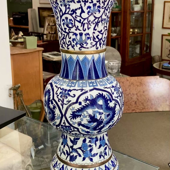 Vintage Blue & White Floral Dragon Motif Chinese Cloisonné Trumpet Vase