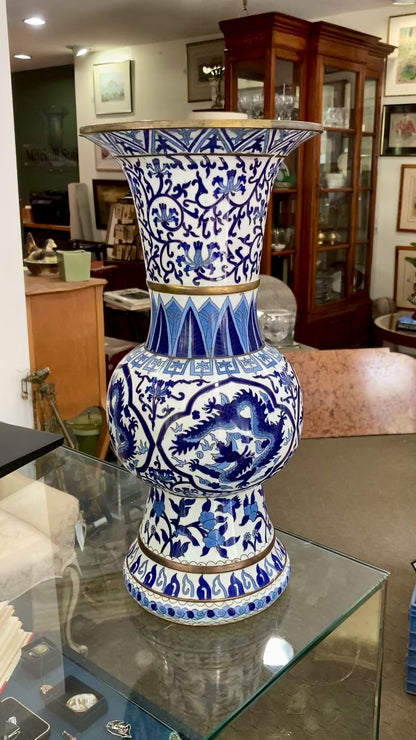 Vintage Blue & White Floral Dragon Motif Chinese Cloisonné Trumpet Vase