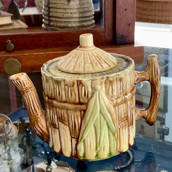 Antique 19th Century Bamboo Style Majolica Earthenware Lidded Teapot