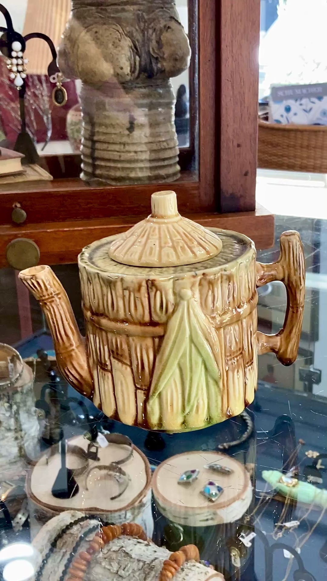 Antique 19th Century Bamboo Style Majolica Earthenware Lidded Teapot