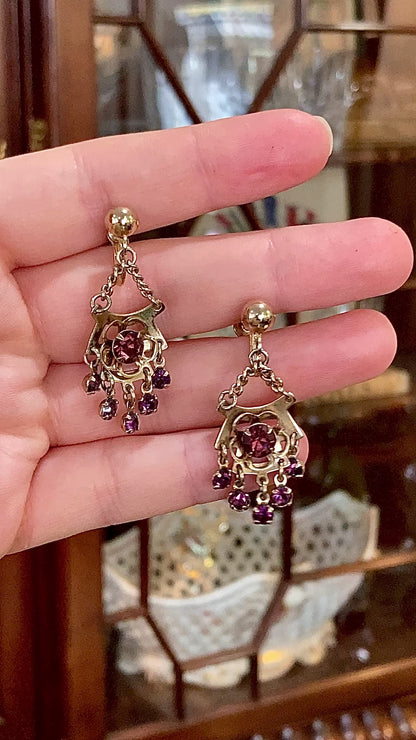 Vintage Gold Tone Amethyst Rhinestone Screw Back Dangle Earrings