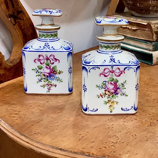 Antique Pair Hand Painted Floral French Porcelain Scent Fragrance Bottles