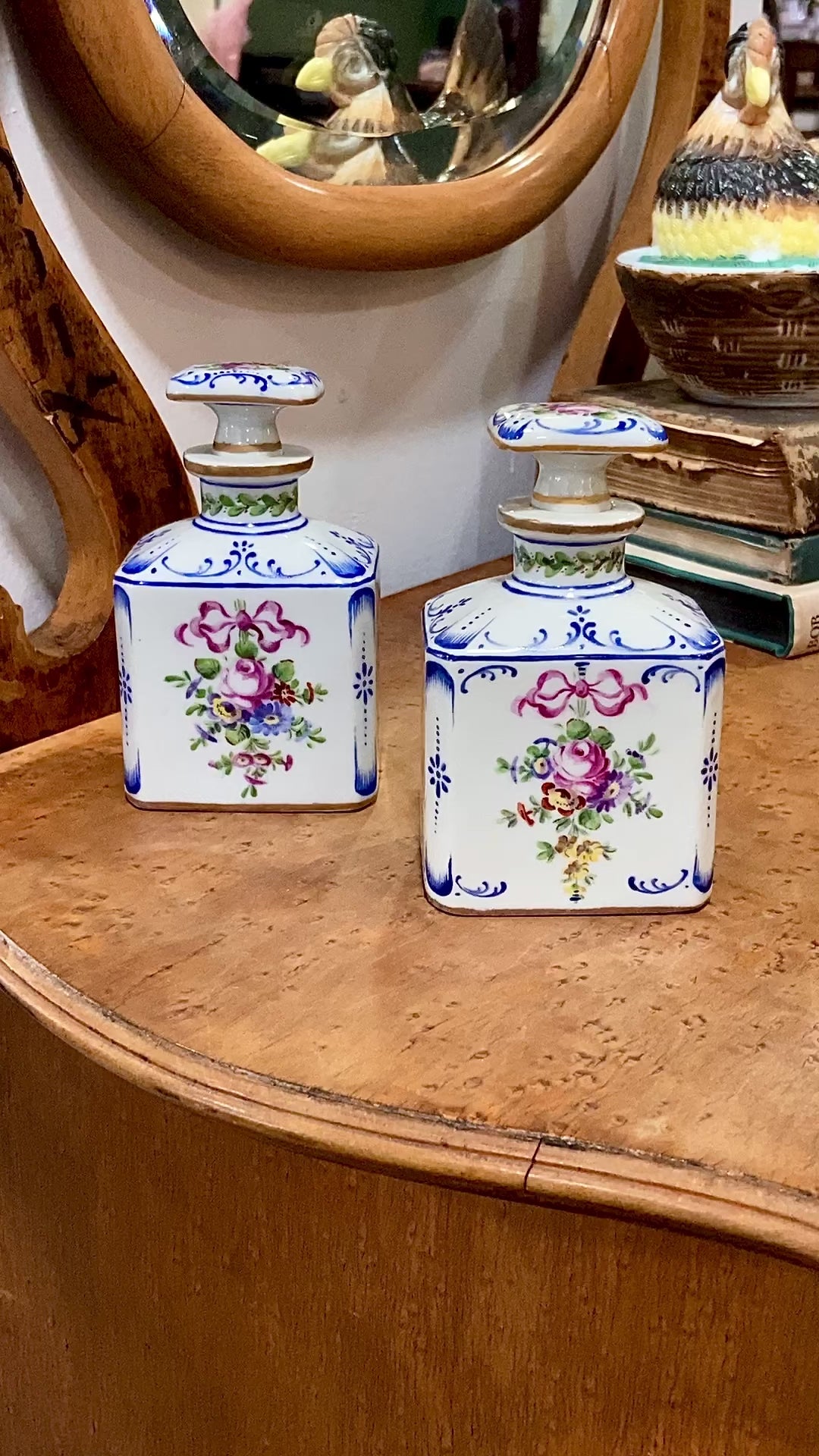 Antique Pair Hand Painted Floral French Porcelain Scent Fragrance Bottles