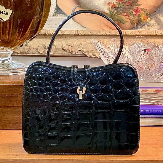 Vintage Black French Crocodile Patent Leather Classic Handbag Purse