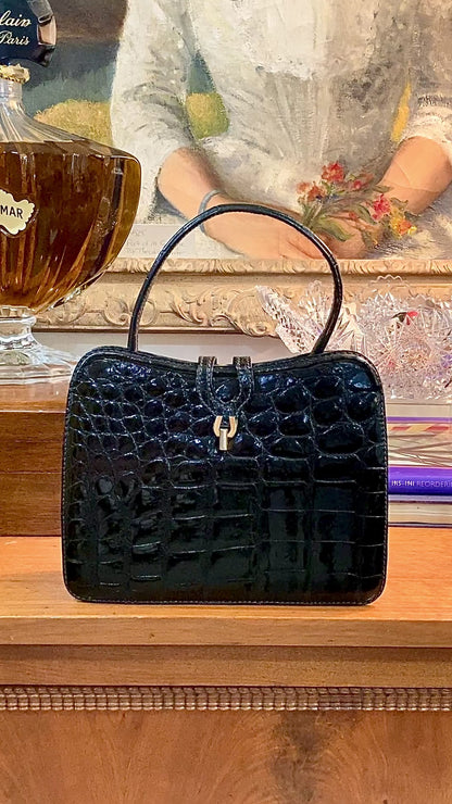 Vintage Black French Crocodile Patent Leather Classic Handbag Purse