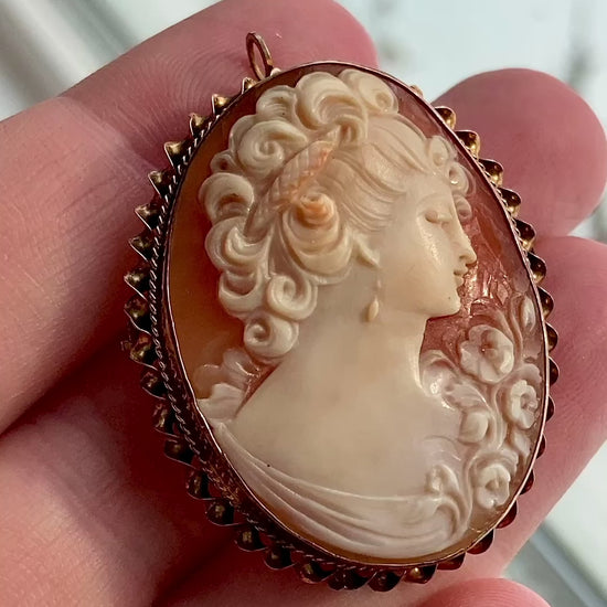 Antique 1920s 10K Yellow Gold Oval Cameo Brooch Pin Convertible Pendant