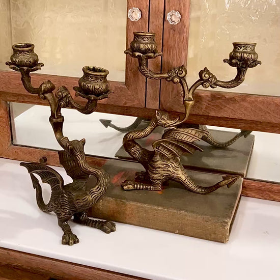 Vintage Pair Italian Sculptural Cast Brass Dragon Form Double Holder Candlesticks