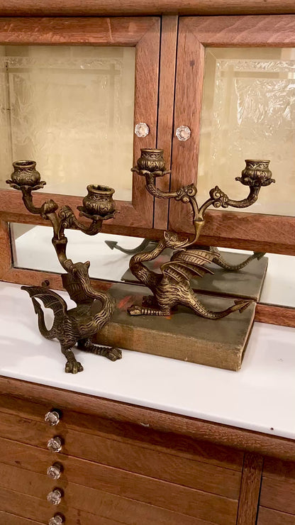 Vintage Pair Italian Sculptural Cast Brass Dragon Form Double Holder Candlesticks