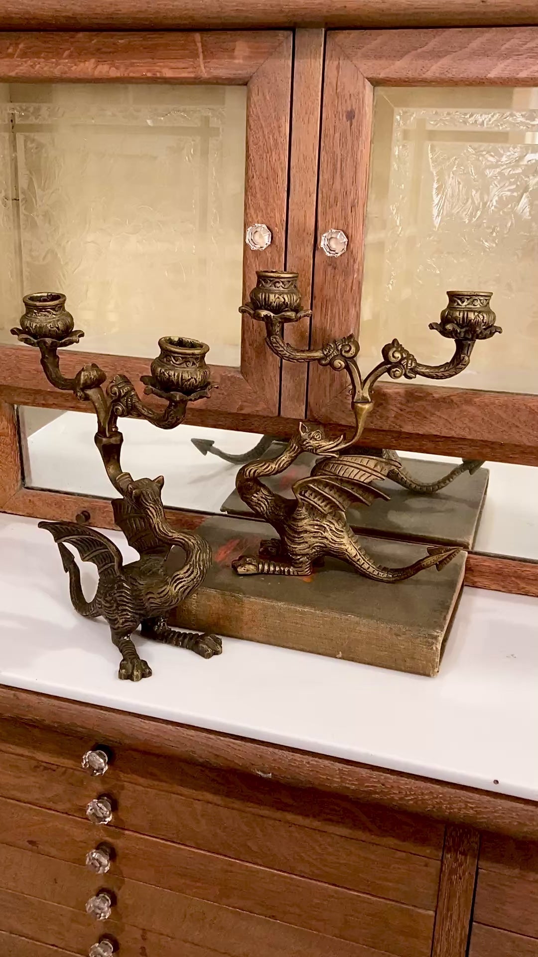 Vintage Pair Italian Sculptural Cast Brass Dragon Form Double Holder Candlesticks