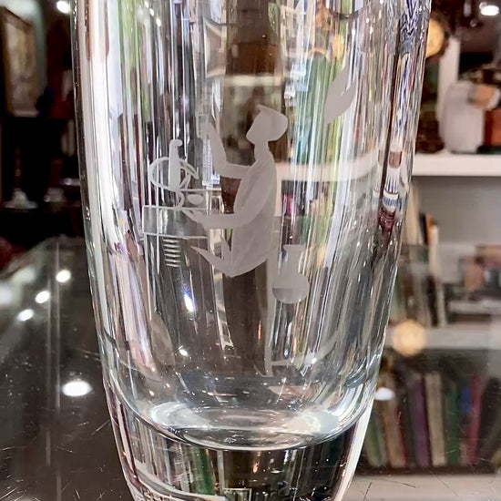 Vintage Engraved Stylized Chemist Design Swedish Clear Crystal Vase