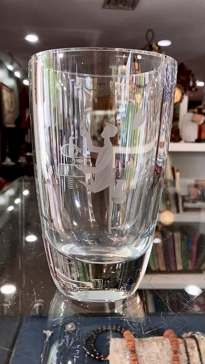 Vintage Engraved Stylized Chemist Design Swedish Clear Crystal Vase