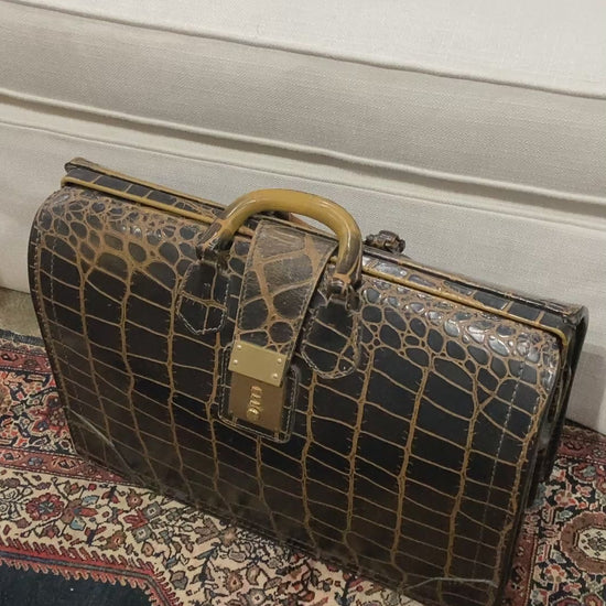 Vintage Belber Warm Black Crocodile Leather Satchel Style Travel Doctor Bag