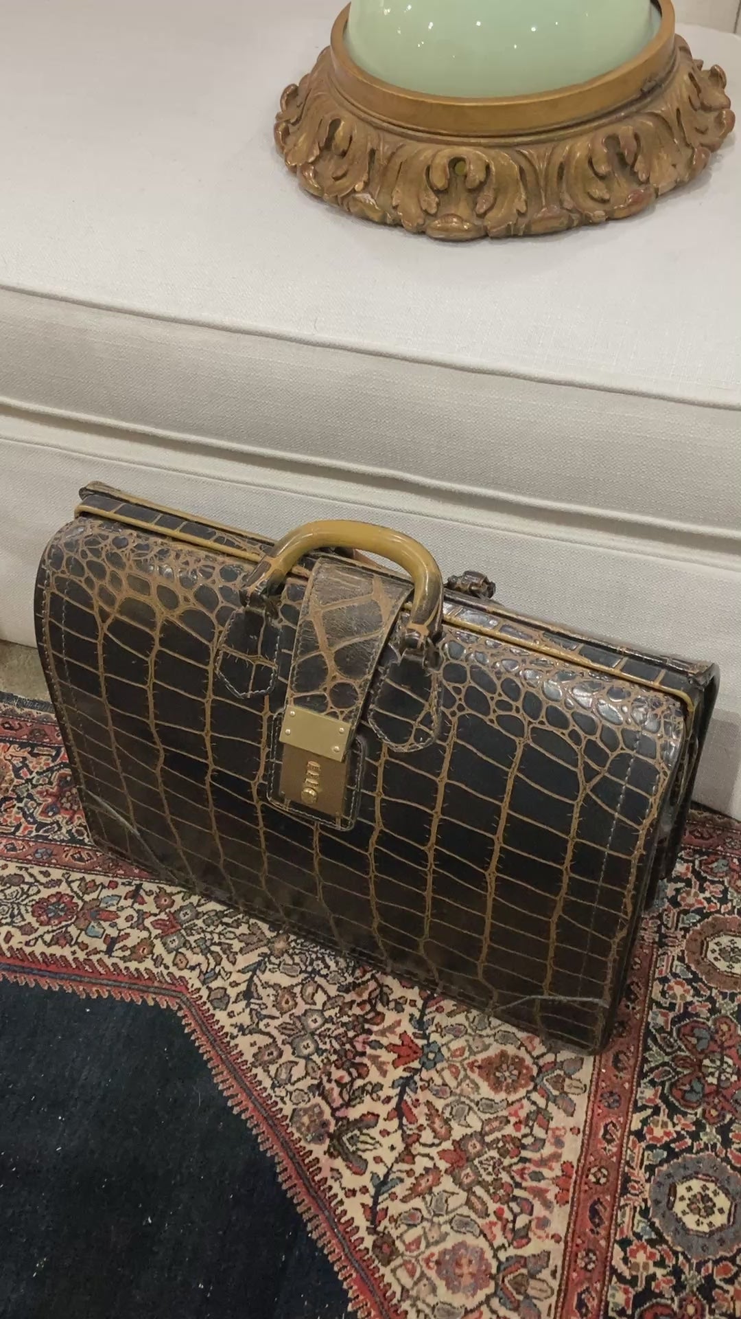 Vintage Belber Warm Black Crocodile Leather Satchel Style Travel Doctor Bag