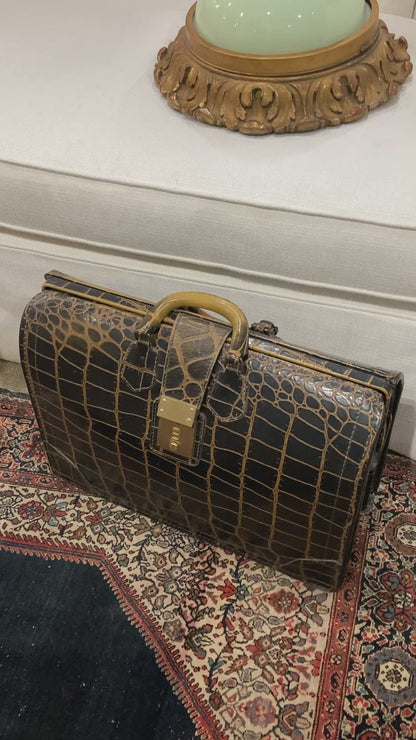 Vintage Belber Warm Black Crocodile Leather Satchel Style Travel Doctor Bag