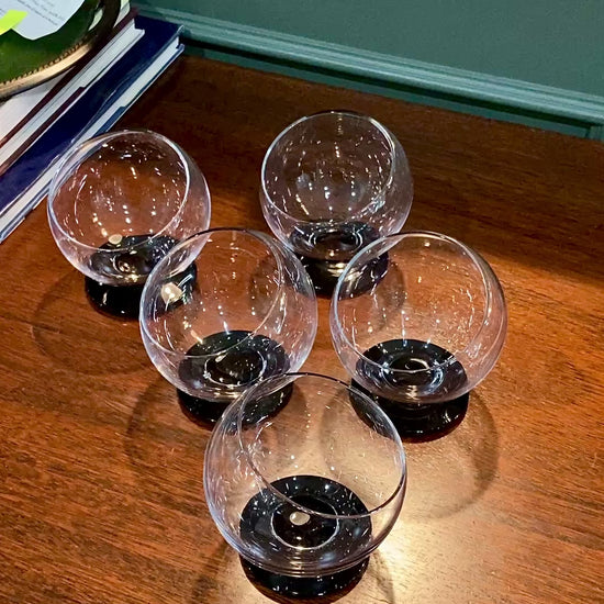 Five Vintage MCM Morgantown Odd Ball Clear Black Base Cocktail Glasses