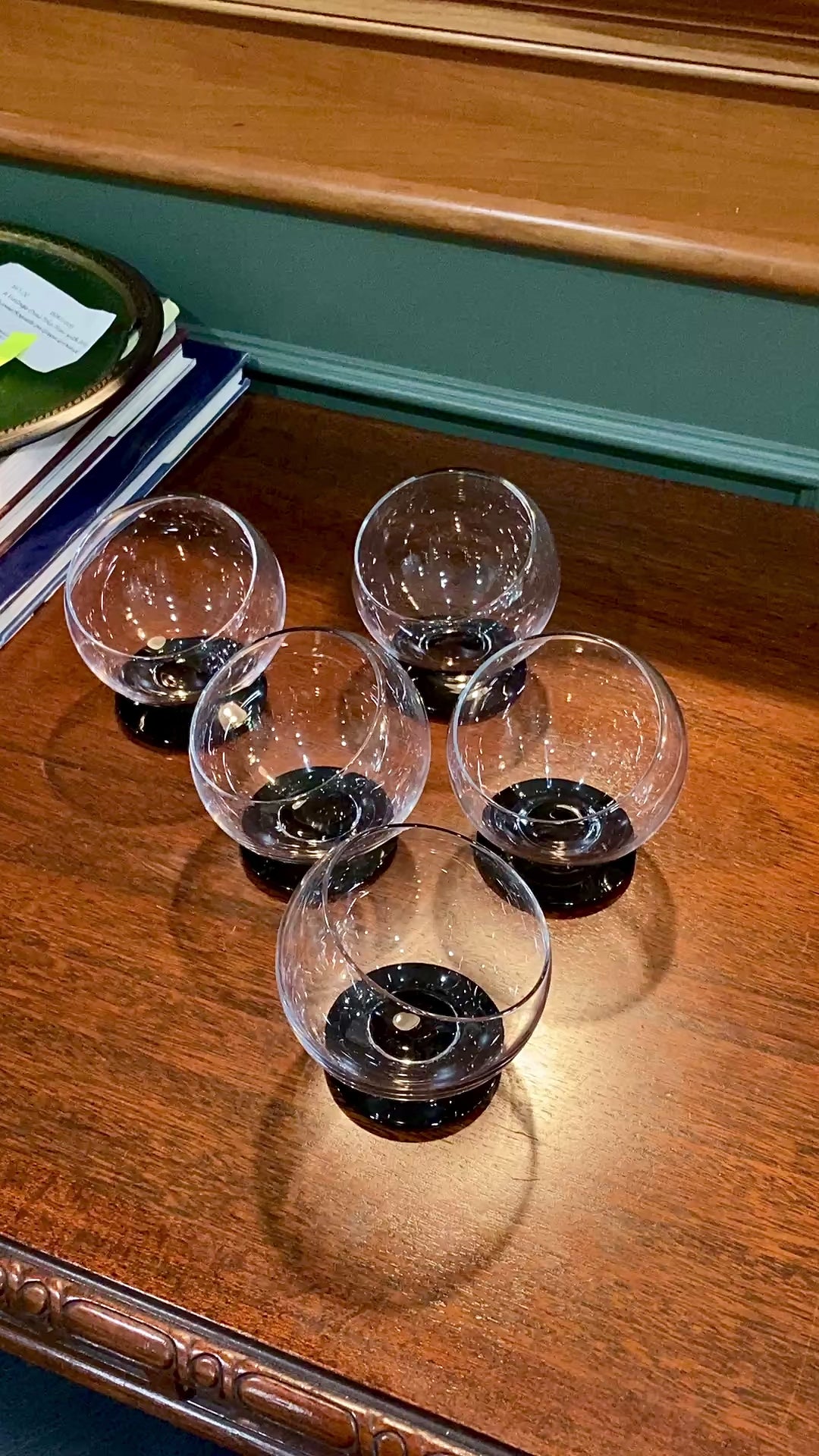 Five Vintage MCM Morgantown Odd Ball Clear Black Base Cocktail Glasses