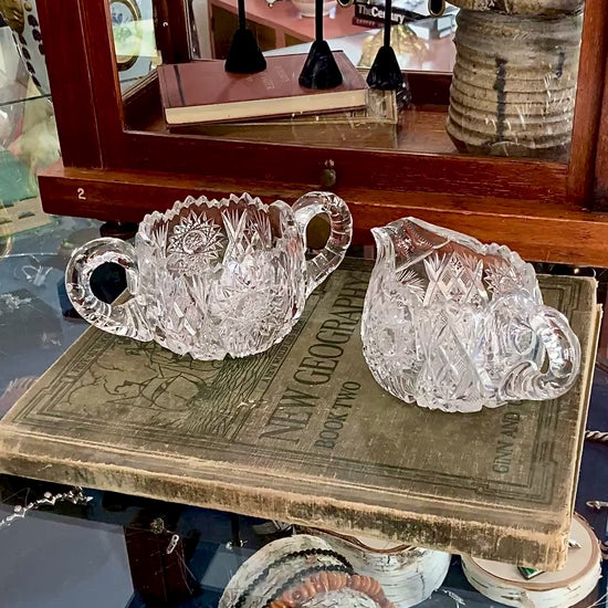Antique 1900s American Brilliant Clear Cut Glass Sugar Creamer Set