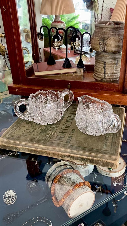 Antique 1900s American Brilliant Clear Cut Glass Sugar Creamer Set
