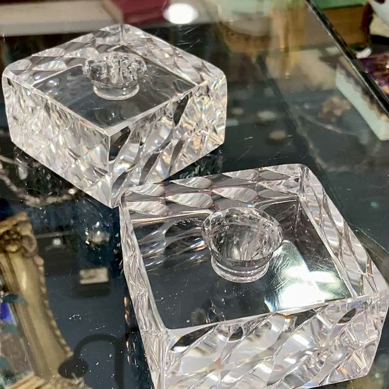 Vintage Orrefors Sweden Sven Palmqvist Square Clear Crystal Low Profile Candlesticks