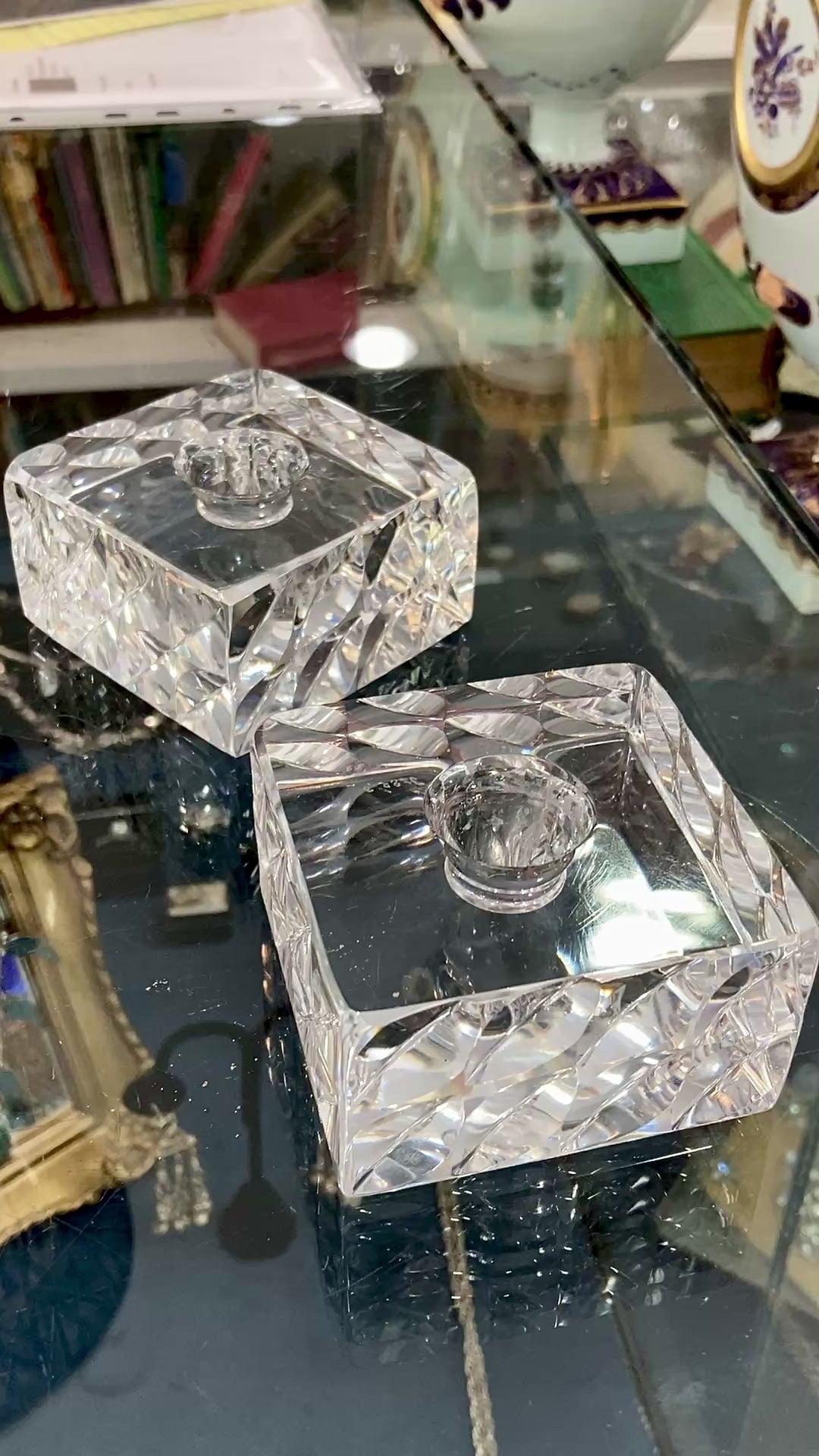 Vintage Orrefors Sweden Sven Palmqvist Square Clear Crystal Low Profile Candlesticks