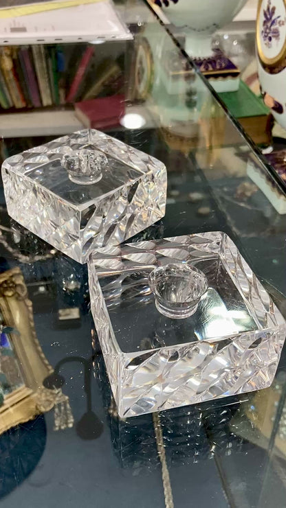 Vintage Orrefors Sweden Sven Palmqvist Square Clear Crystal Low Profile Candlesticks