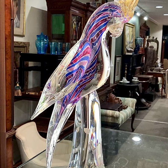 Vintage Handblown Murano Large Red Blue Clear Glass Cockatoo Sculpture