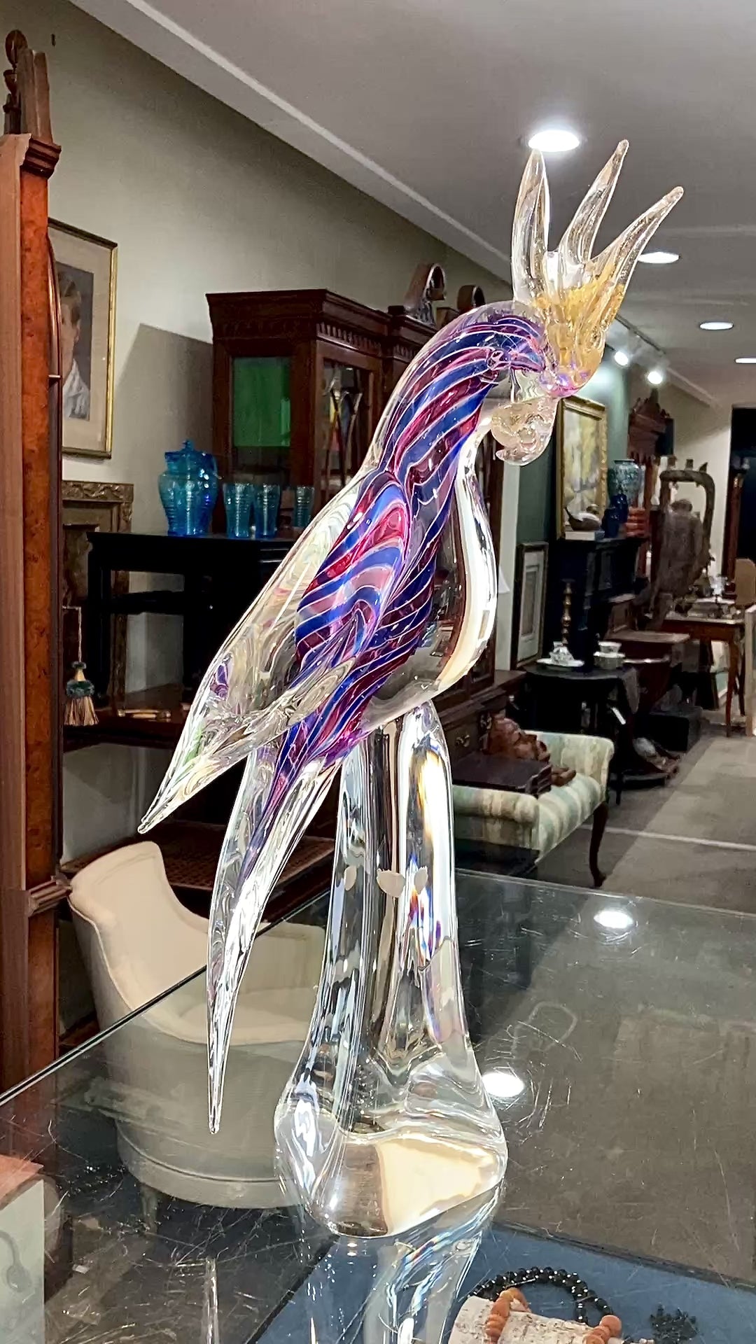 Vintage Handblown Murano Large Red Blue Clear Glass Cockatoo Sculpture