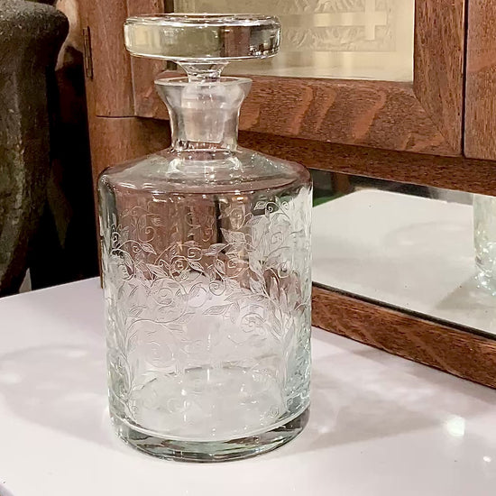 Vintage Formano MCM Hand- Etched Leaves Vine Clear Glass Decanter Barware