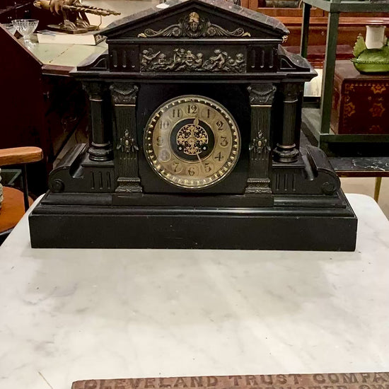Antique Victorian Neoclassical Architectural Black Marble Mantel Clock