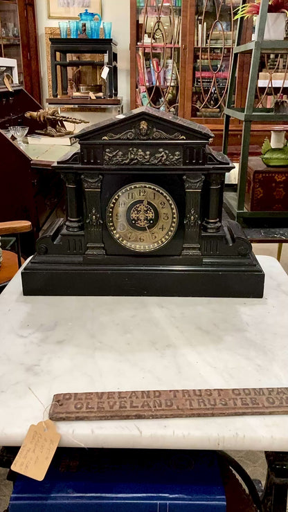 Antique Victorian Neoclassical Architectural Black Marble Mantel Clock