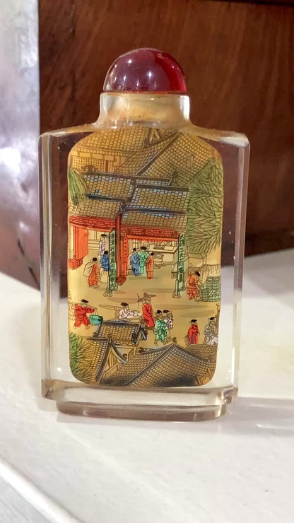 Vintage Midcentury Chinese Cityscape Reverse Painted Rock Crystal Snuff Bottles 2