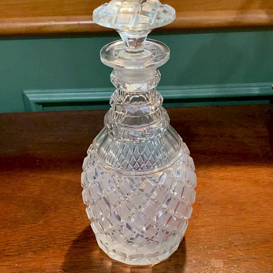Antique Basketweave Diamond Cut Clear Glass Decanter Barware