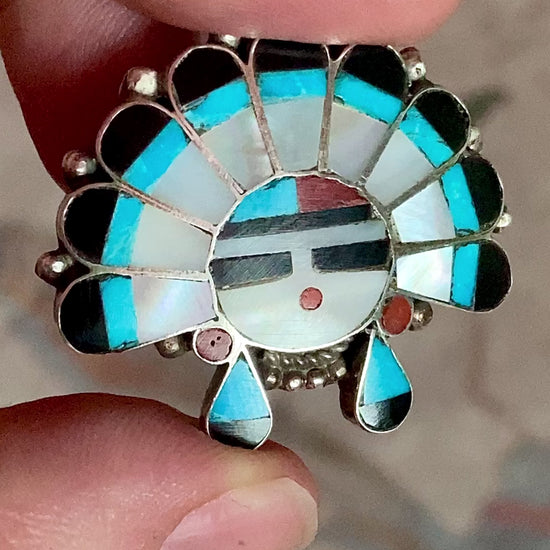 Vintage Zuni Sunface Sterling Silver Stone Inlay Pendant Brooch Pin