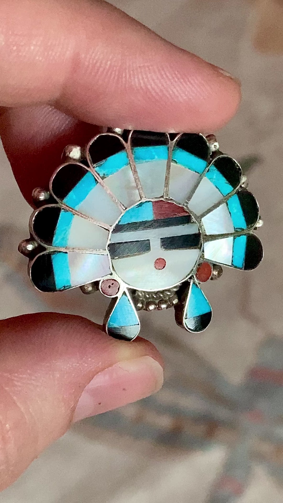 Vintage Zuni Sunface Sterling Silver Stone Inlay Pendant Brooch Pin