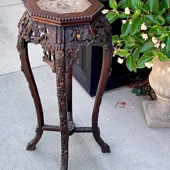 Antique Carved Chinese Octagonal Marble Top Rosewood Plant Stand Table