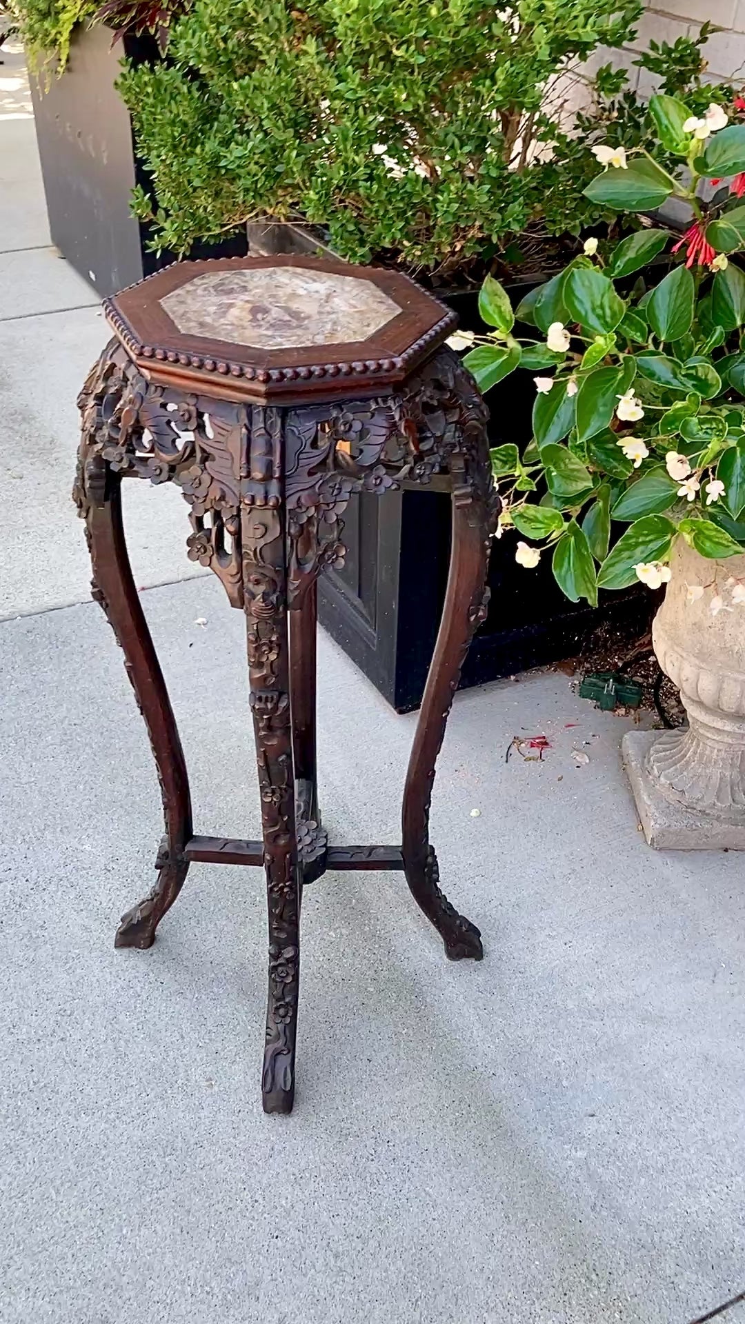 Antique Carved Chinese Octagonal Marble Top Rosewood Plant Stand Table