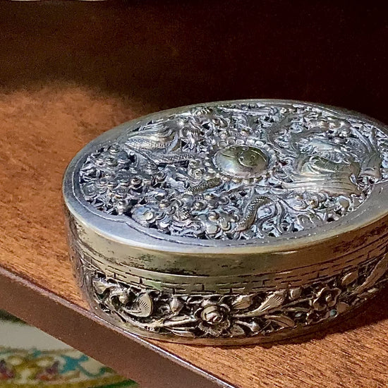 Antique 19th Century Oval Serpentine & Floral Repoussé CHB Silver Box