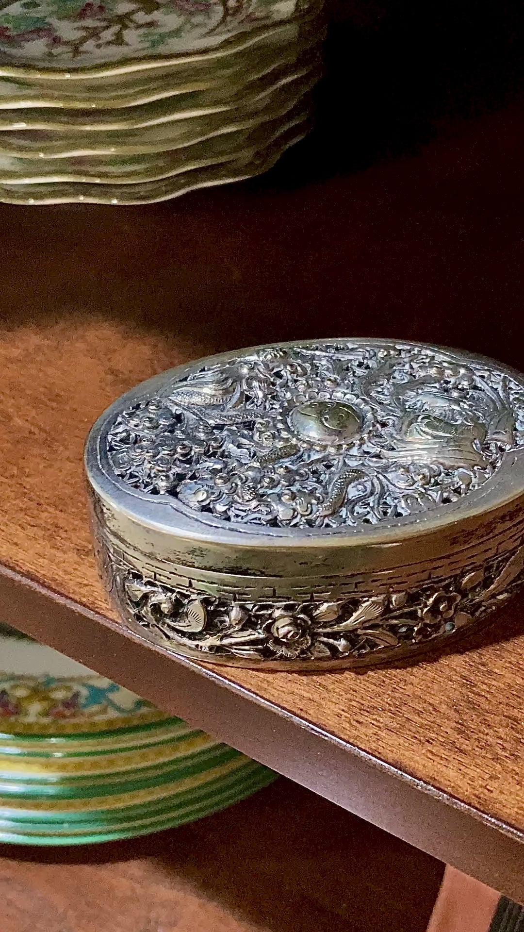 Antique 19th Century Oval Serpentine & Floral Repoussé CHB Silver Box