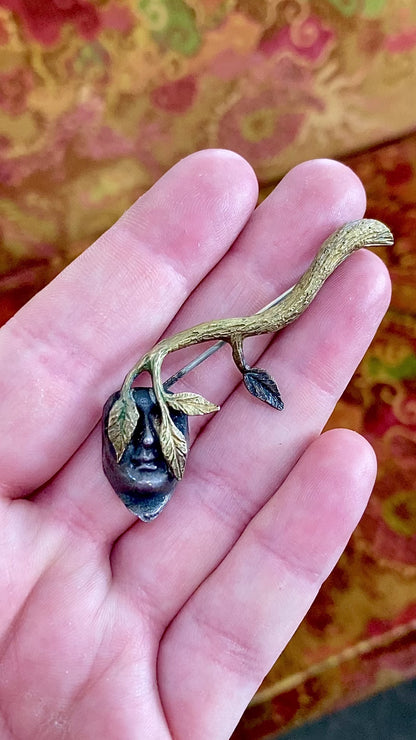 Vintage Linda Hesh Sculptural Branch Leaf Mask Face Brooch Pin