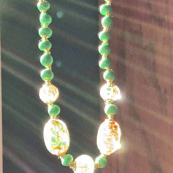 Vintage Green Metallic Gold Venetian Murano Glass Bead Italian Choker Necklace