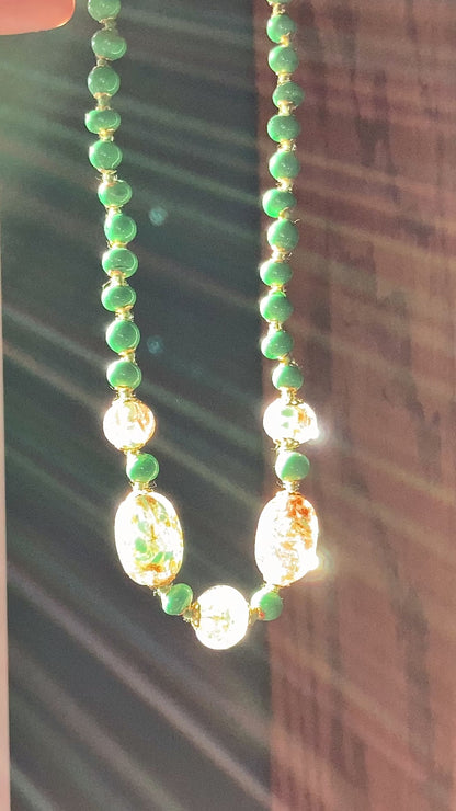 Vintage Green Metallic Gold Venetian Murano Glass Bead Italian Choker Necklace