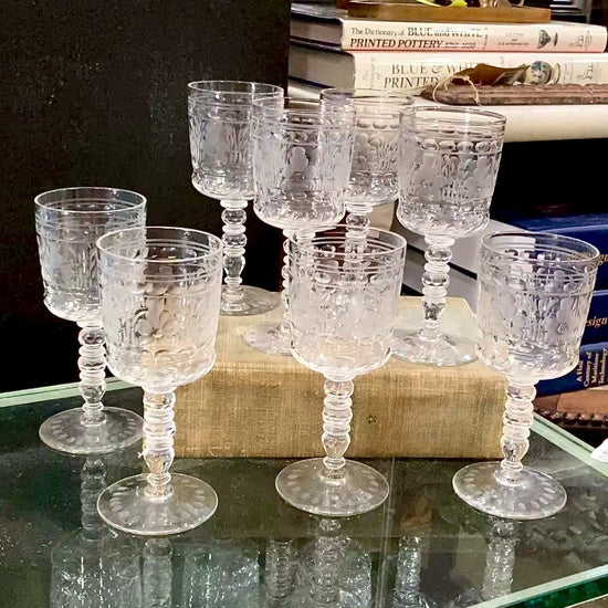 Set of Eight Antique Floral Etched Clear Glass Stemmed Cordial Glasses
