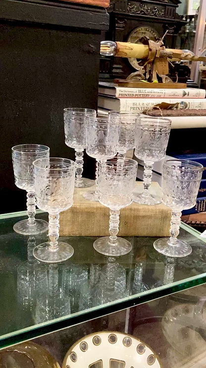 Set of Eight Antique Floral Etched Clear Glass Stemmed Cordial Glasses