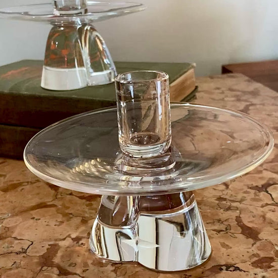 Vintage Pair Steuben MCM Clear Crystal Short Footed Candlesticks